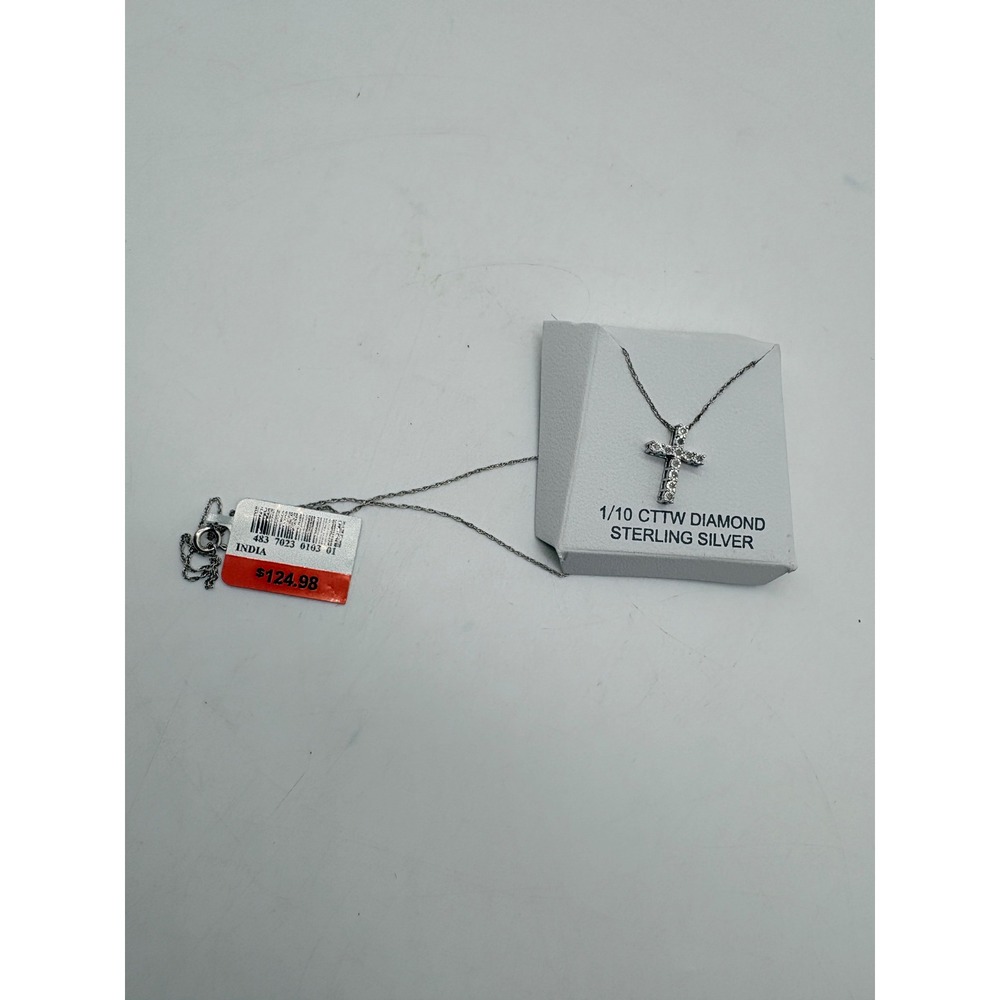 Sterling Silver 1/10 CTTW Diamond Cross Pendant Necklace 18 Inch Rope Chain NEW